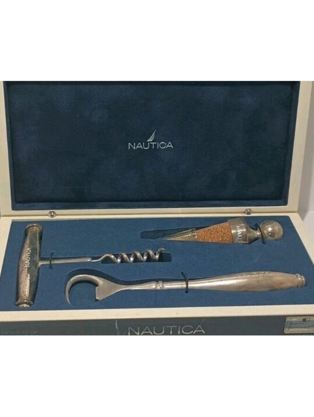 NAUTICA - 3 pc Set Silver Plate Wine Corkscrew Stopper Opener Ivory in Gift Box